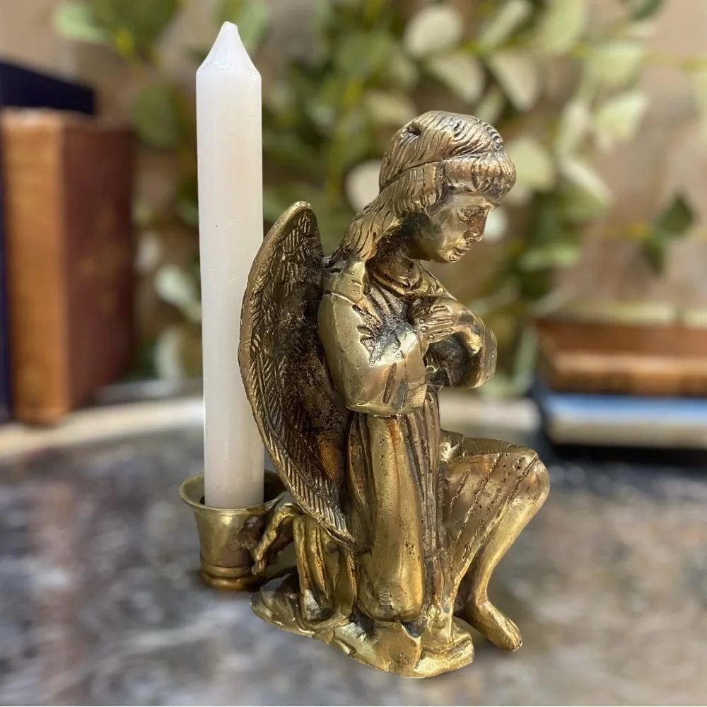 Vintage Brass Angel Candleholder Heavy Cast Metal Candlestick